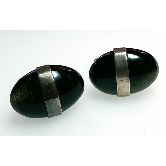 Older Vintage Mexican Sterling Silver & Stone Cufflinks Signed DF JGC Oval - Picture 1 of 5
